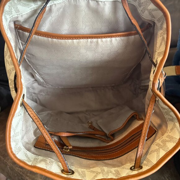 Michael Kors Monogram Canvas Backpack With Leather Trim & Gold Accents - Picture 10 of 12